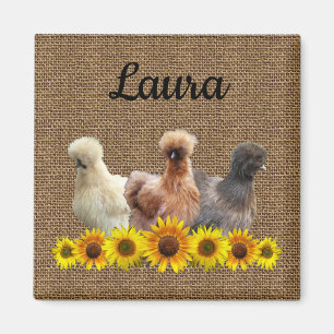 Íman Frango Seu Nome Silkie Sunflower Burlap