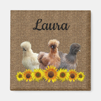 Íman Frango Seu Nome Silkie Sunflower Burlap