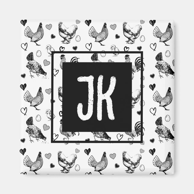 Íman Frangos de desenho animado preto e branco monogram (Frente)