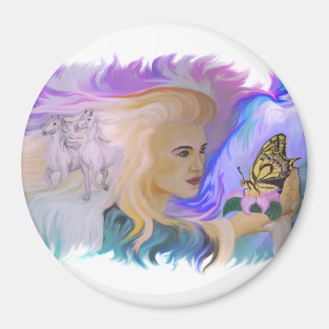 Íman Frau mit Pferd und Schmetterling em mãos (Frente)