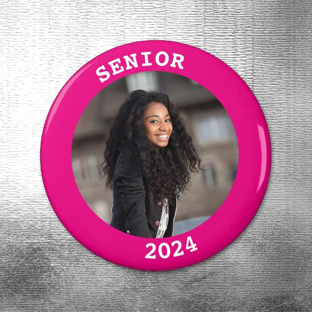 Íman Fronteira de Fotografias Quente Redonda 2023 (Hot Pink Senior Year 2024 Graduation Photo Magnet)