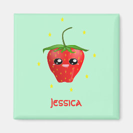Íman Fruta de morango monograma kawaii em turquesa
