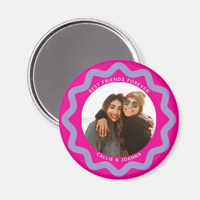 Íman Fuchsia Lilac Wavy Circle Photo Frame with Text (Front/Back)