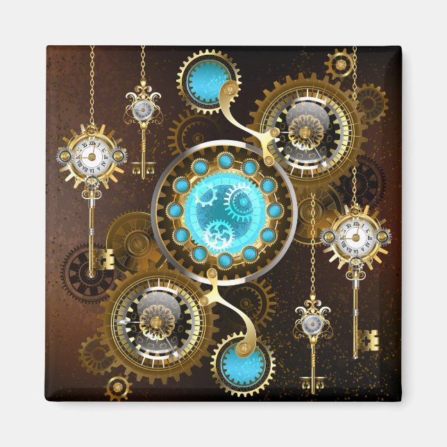Íman Fundo Rusty Steampunk com Lentes Turquesa (Frente)