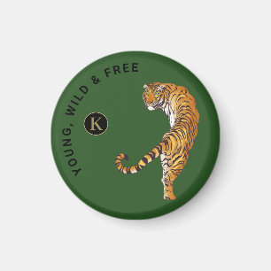 Íman Fundo Verde do Monograma de Tigre Jovem, Selvagem
