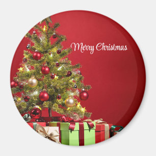 Íman Fundo Vermelho com Árvore de Natal Decorativa