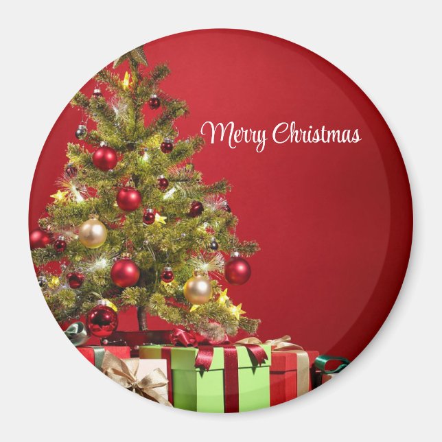 Íman Fundo Vermelho com Árvore de Natal Decorativa (Frente)