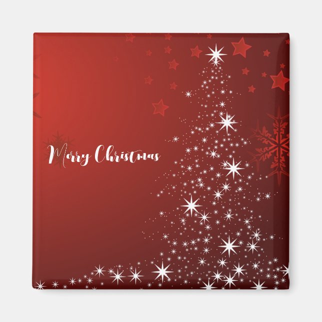 Íman Fundo Vermelho com Árvore de Natal Estrelada (Frente)
