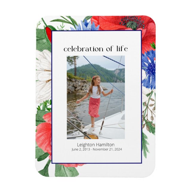 Íman Funeral de Colagem de Fotos do Red Blue Florals (Vertical)