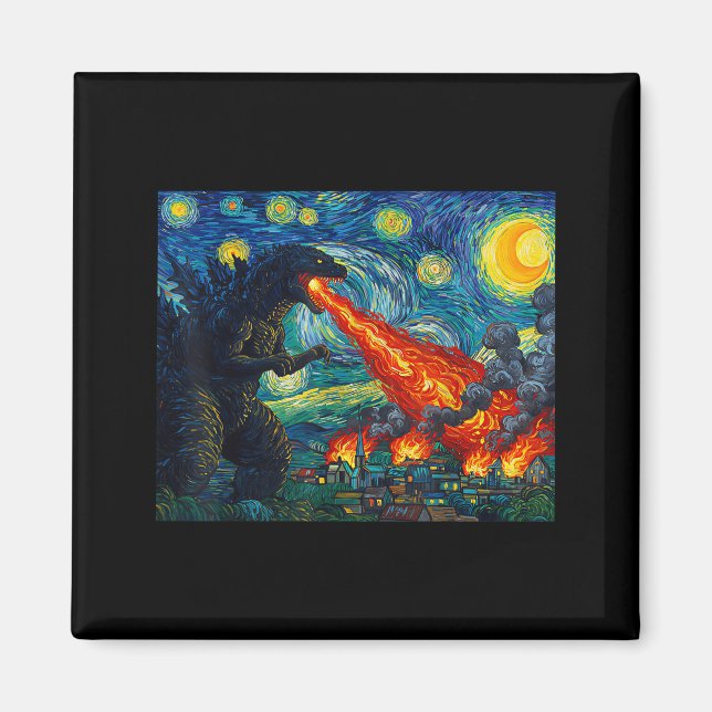 Íman Funny Art Japanese Monster Kaiju In Van Gogh Starr (Frente)