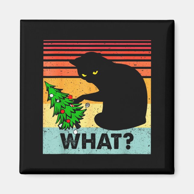 Íman Funny Black Cat Gift Pushing Christmas Tree Over C (Frente)
