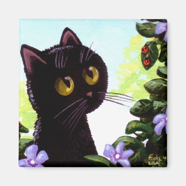 Íman Funny Black Cat Ladybug Art Creationarts (Frente)
