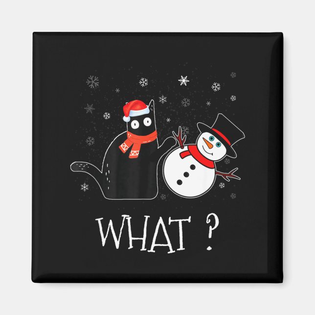 Íman Funny Black Cat Pushing Snowman Christmas Winter C (Frente)