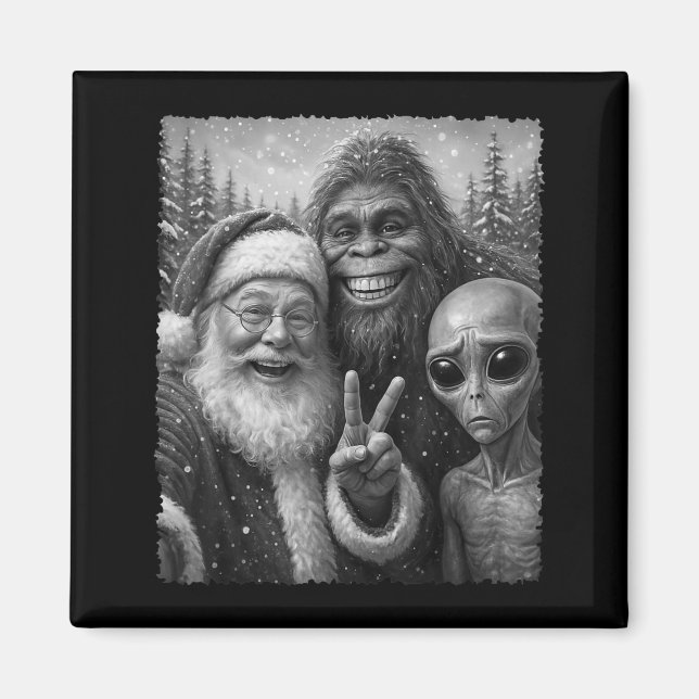 Íman Funny Cat Christmas Bigfoot Alien Santa Snow Selfi (Frente)