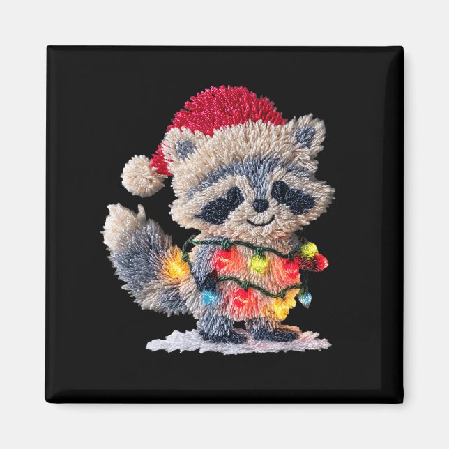 Íman Funny Crochet Christmas Raccoon Xmas Lights Girly  (Frente)