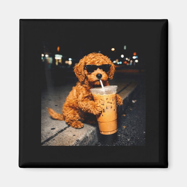Íman Funny Goldendoodle Bebendo Café Gelado Animal Mem (Frente)