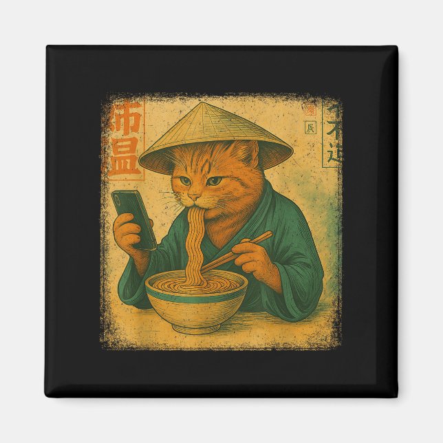 Íman Funny Japanese Cat Eat Ramen And Scroll Phone Anim (Frente)