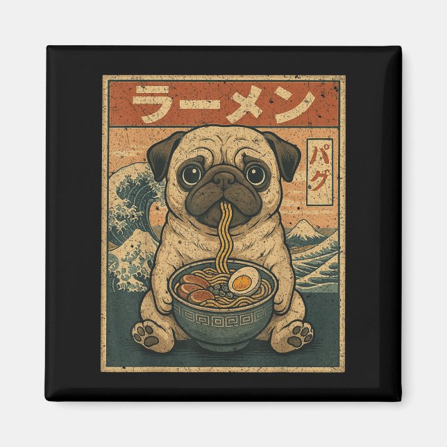 Íman Funny Kawaii Ramen Pug Noodles Japoneses Pug Comen (Frente)