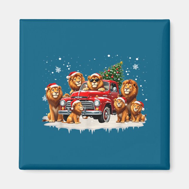 Íman Funny Lion Riding Christmas Tree Truck Christmas  (Frente)