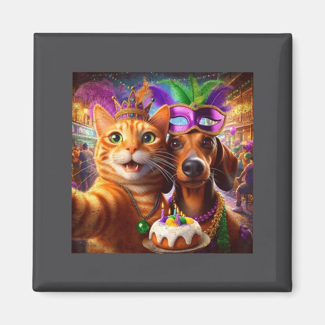 Íman Funny Mardi Gras Cat Dachshund Selfie Squad  (Frente)