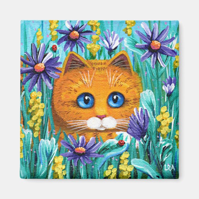Íman Funny Orange Tabby Cat Mouse Flowers (Frente)