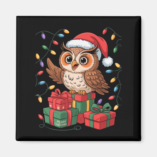Íman Funny Owl Santa Hat Animals Lovers Ugly Christmas  (Frente)