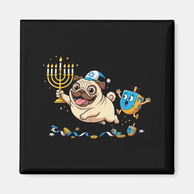 Íman Funny Pug Dreidel Menorah Hanukkah Kids Womens Men (Frente)