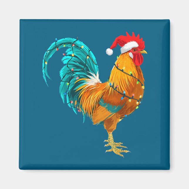 Íman Funny Rooster Chicken Santa Christmas Lights Farme (Frente)