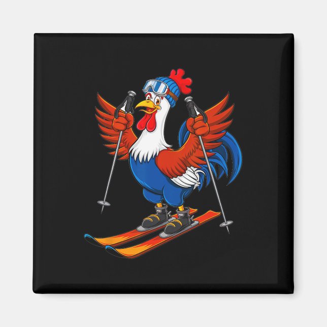 Íman Funny Rooster Skiing Adventure Cartoon  (Frente)