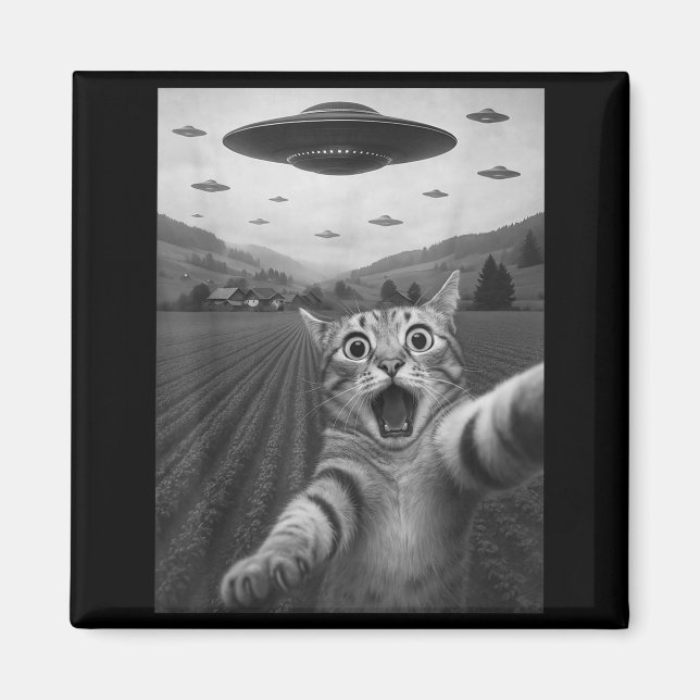 Íman Funny Surprised Ed Cat Selfie With Alien Ufo Cat U (Frente)