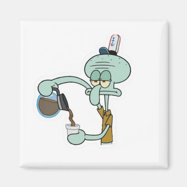 Íman Funny Tired Squidward Pouring Coffee Mug - Morning (Frente)