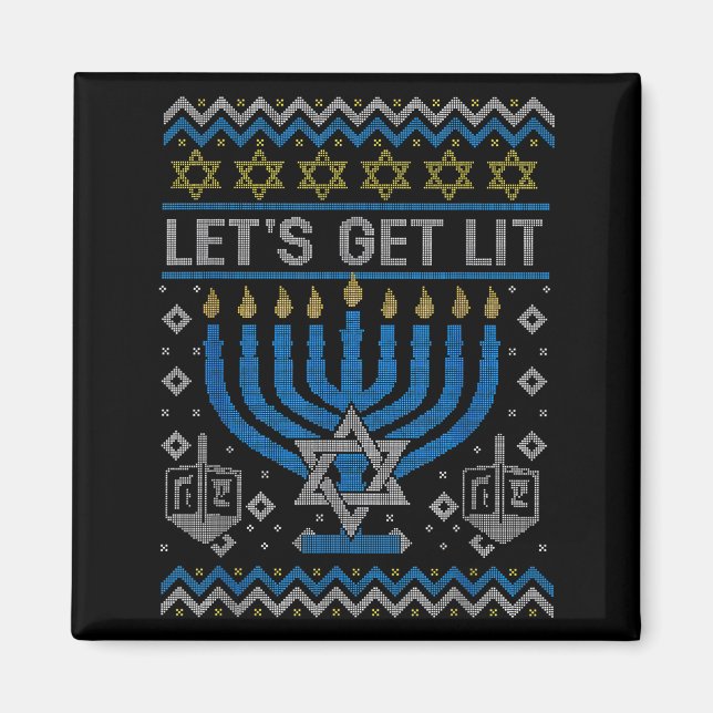 Íman Funny Ugly Hanukkah Sweater Lets Get Lit Menorah J (Frente)