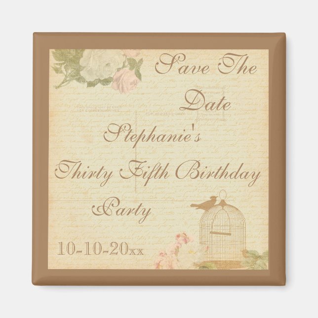 Íman Gaiola de Pássaros Vintage & Rosas Aniversário de  (Frente)