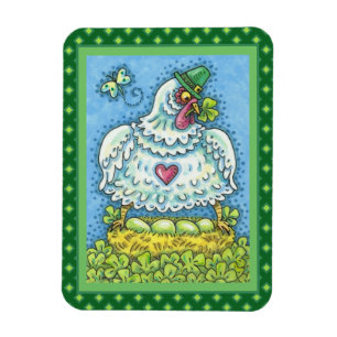 ÍMAN  GALINHA IRLANDESA ENGRAÇADA, OVOS VERDES E TREVOS 