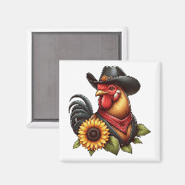 Íman Galo Colorido em Chapéu de Cowboy com Girassol