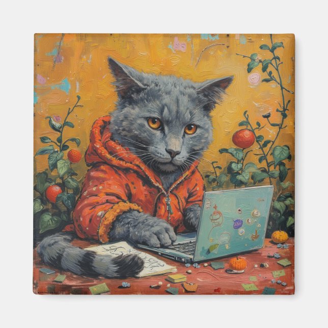 Íman Gamer Cat at the Computer – Funny Tech Meme Square (Frente)