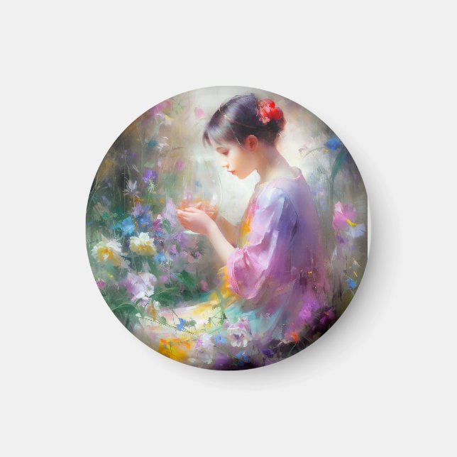 Íman Garota admirando uma flor em suas mãos (Frente)