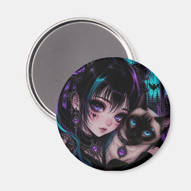 Íman Garota Anime Emo Gótica & Gato (Front/Back)