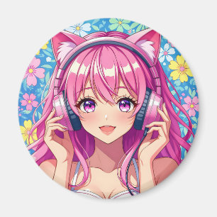 Íman Garota Anime Rosa Fofa com Fones de Ouvido