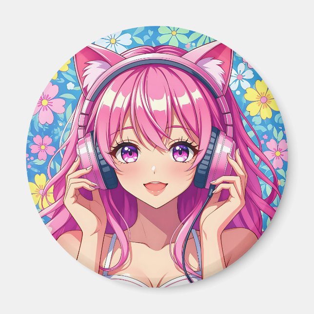 Íman Garota Anime Rosa Fofa com Fones de Ouvido (Frente)