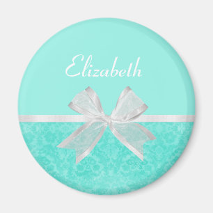 Íman Garota Aqua Turquoise Damask White Ribbon com Nome