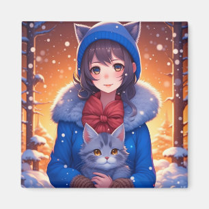 Íman Garota de Anime e um Gatinho Natal de Inverno