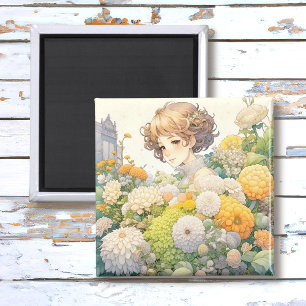 Íman Garota de Anime em Flores Amarelas