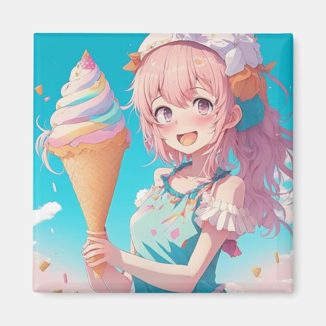Íman Garota de anime Whimsical com Cone Sorvete (Frente)
