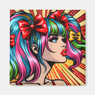 Íman Garota de Quadrinhos de Pop Art Bonita com Laços