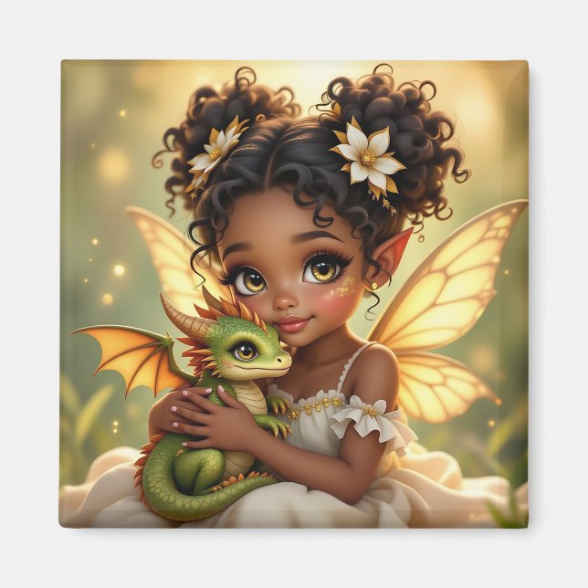 Íman Garota Fada de Anime Fofa e Dragão Chibi (Frente)