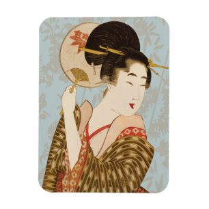 Íman Garota Geisha Japonesa Vintage em Kimono com Leque