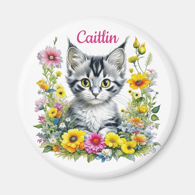 Íman Gatinho Aquarela em Flores Amarelas Personalizado (Frente)