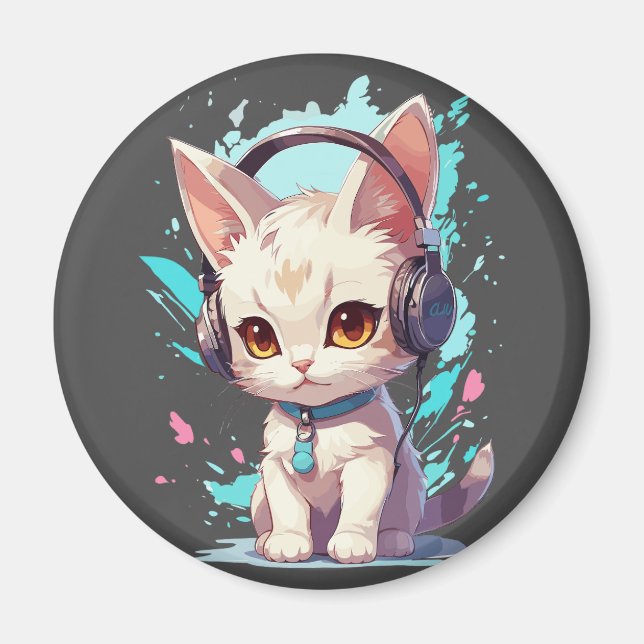 Íman Gatinho bonito com Fones de ouvido mágicos (Frente)