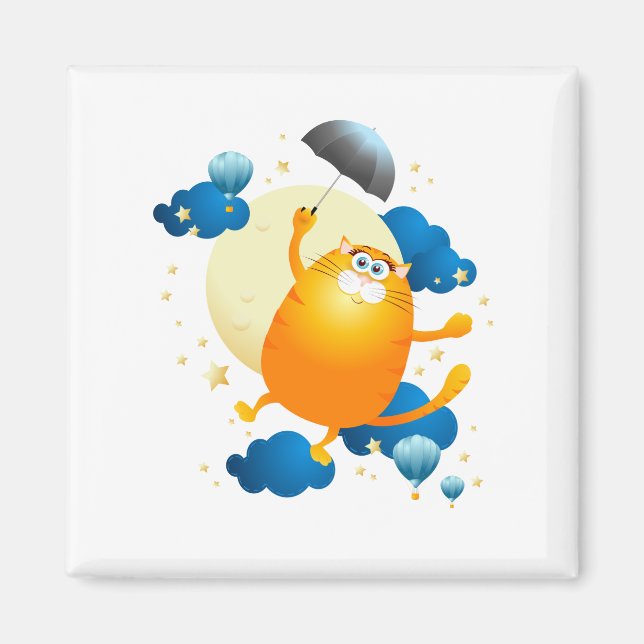 Íman Gatinho bonito voando com guarda-chuva (Frente)